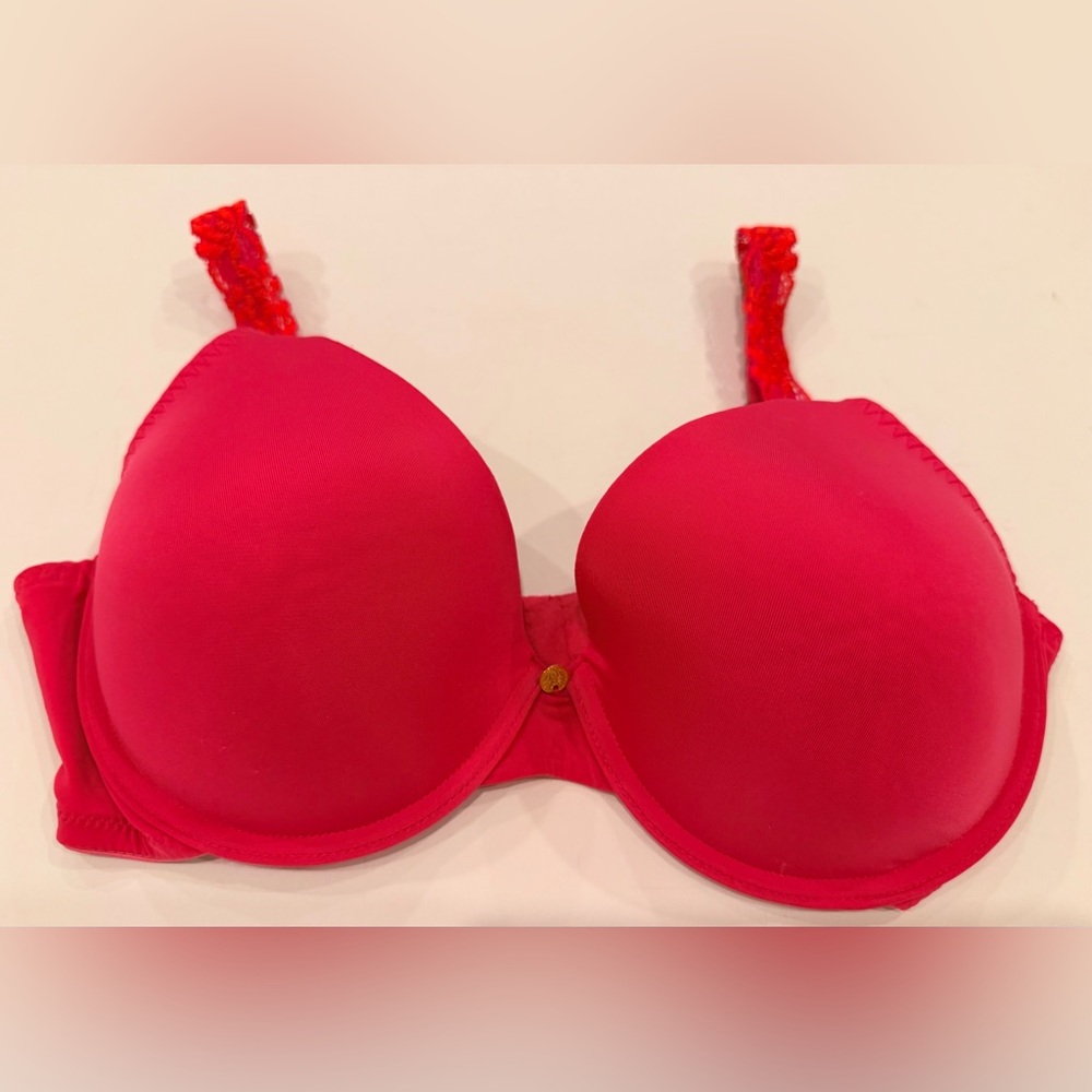 Natori 32DD Red Smooth T-Shirt Bra Underwire‎ Lace Trim